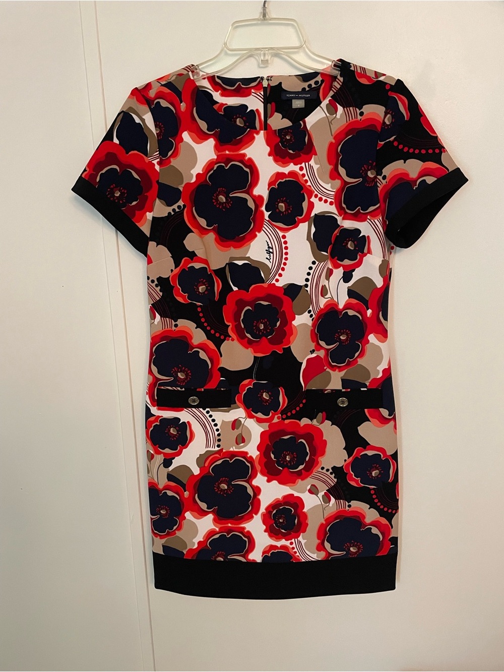 Tommy Hilfiger Navy, Red & Beige Poppy Printed Shift Dress Vintage Style Size 8